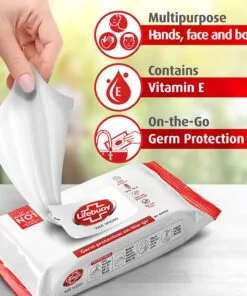 Upfront Store | Pure Flours, Spices & Cold-Pressed Oils Online 16 A close-up of Lifebuoy Wet Wipes being pulled from the pack, highlighting key features like multipurpose use, Vitamin E, and on-the-go germ protection.