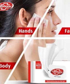 A front-facing view of Lifebuoy Wet Wipes packaging, displaying key benefits such as multipurpose use, Vitamin E enrichment, and skin pH balance.