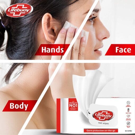 A front-facing view of Lifebuoy Wet Wipes packaging, displaying key benefits such as multipurpose use, Vitamin E enrichment, and skin pH balance.