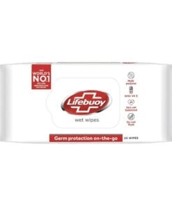 A front-facing view of Lifebuoy Wet Wipes packaging, displaying key benefits such as multipurpose use, Vitamin E enrichment, and skin pH balance.