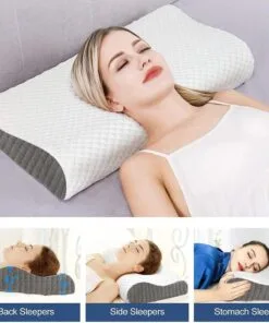 Comfortable memory foam pillow for back, side, and stomach sleepers, featuring an orthopedic contour design for optimal neck support.