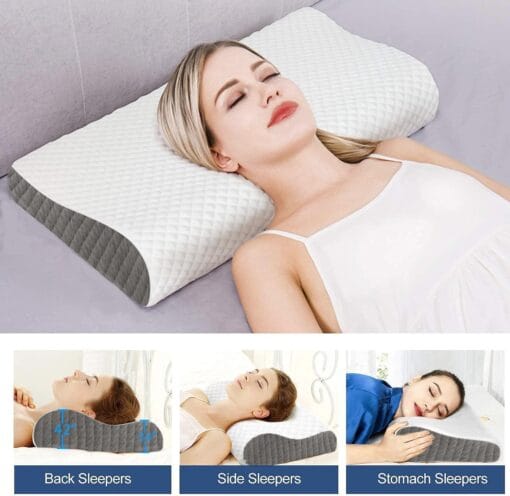 Comfortable memory foam pillow for back, side, and stomach sleepers, featuring an orthopedic contour design for optimal neck support.