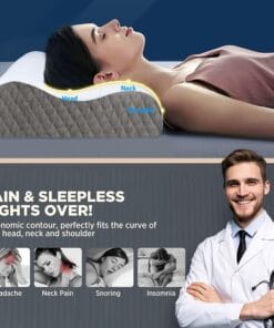 Woman sleeping on a contour memory foam cervical pillow, designed for ergonomic neck and shoulder support, reducing pain and improving sleep quality.