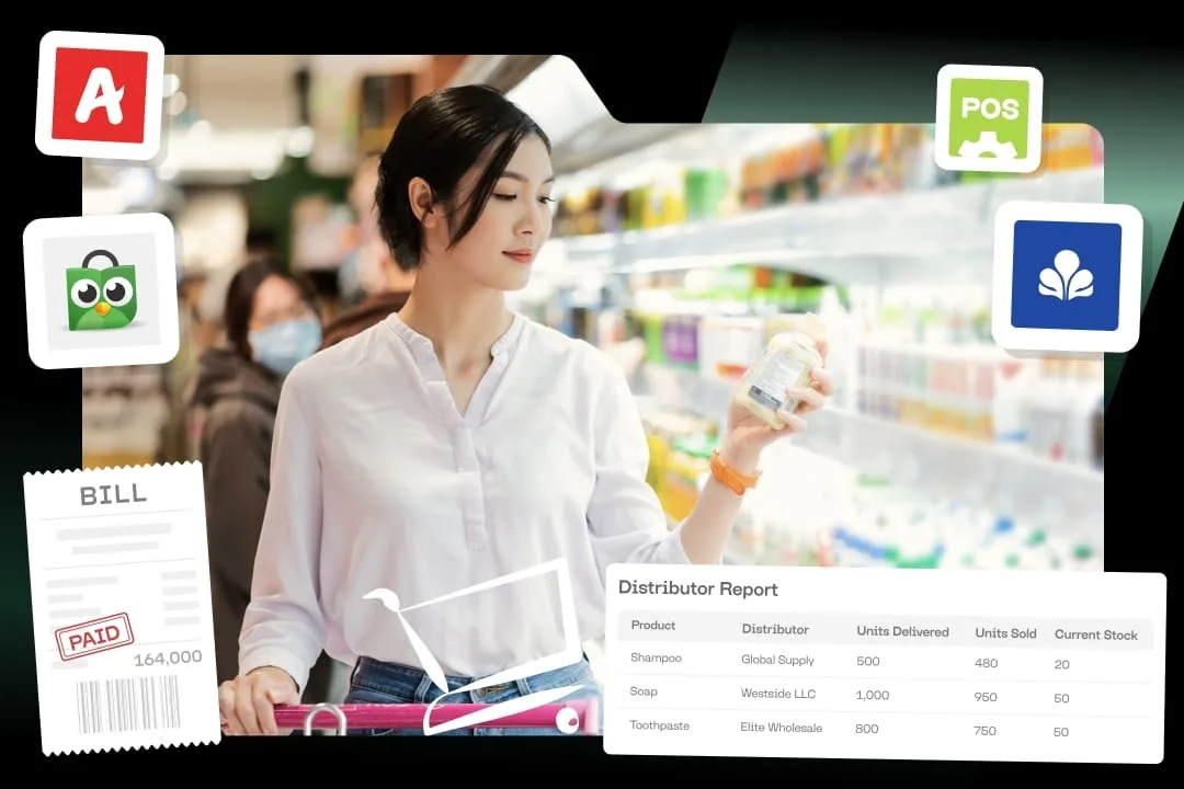 Woman shopping in a supermarket, holding a product while analyzing details. Digital elements represent online shopping, inventory management, and retail analytics. Ideal for FMCG, e-commerce, and POS solutions