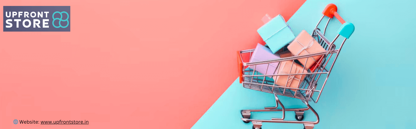 Home 7 Upfront Store logo on a pastel-colored background with a shopping cart filled with colorful gift boxes. Website link: www.upfrontstore.in.