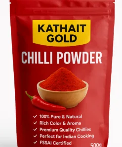 Kathait Gold red Chilli Powder 500g pouch with red background, vibrant chilli powder, and key product details.