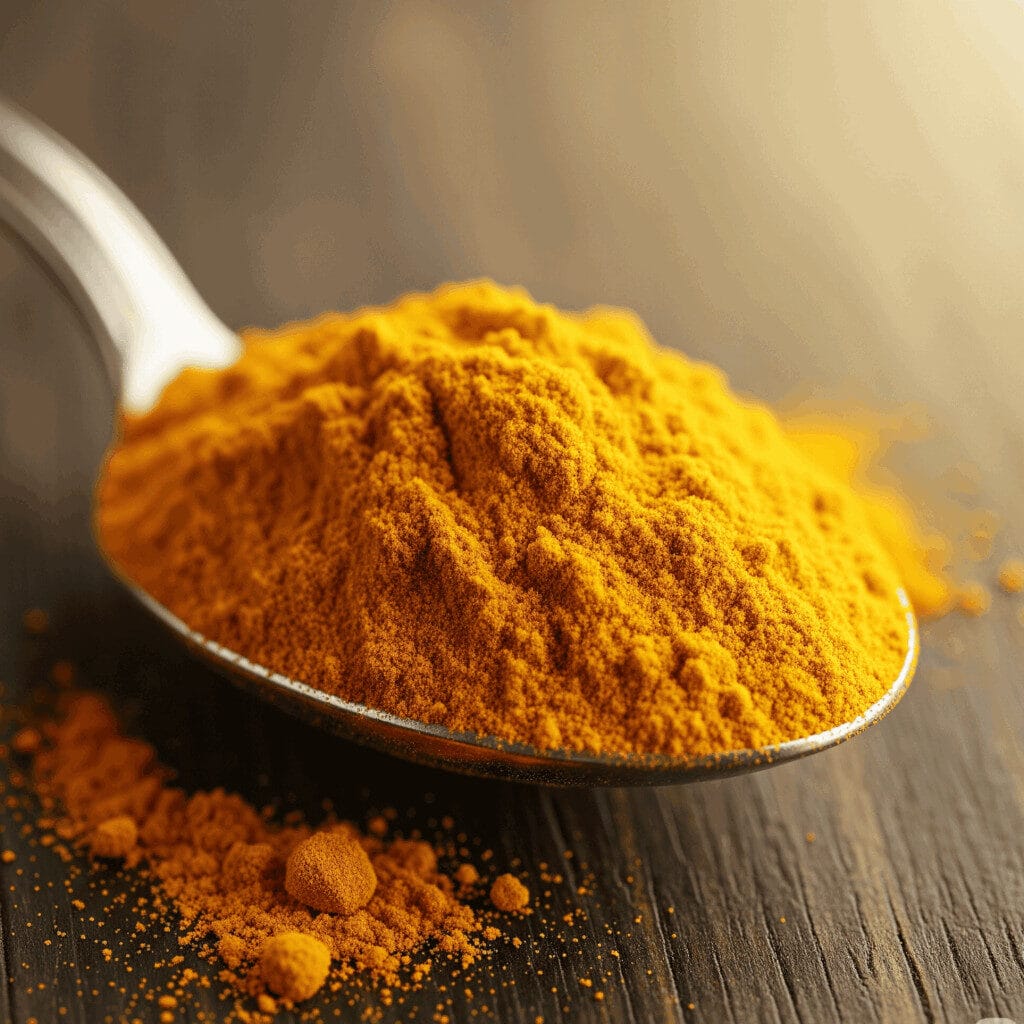 The Purity of Kathait Gold Turmeric Powder: Your Ultimate Guide 2 A close-up of a silver spoon overflowing with bright yellow turmeric powder on a dark wooden surface.