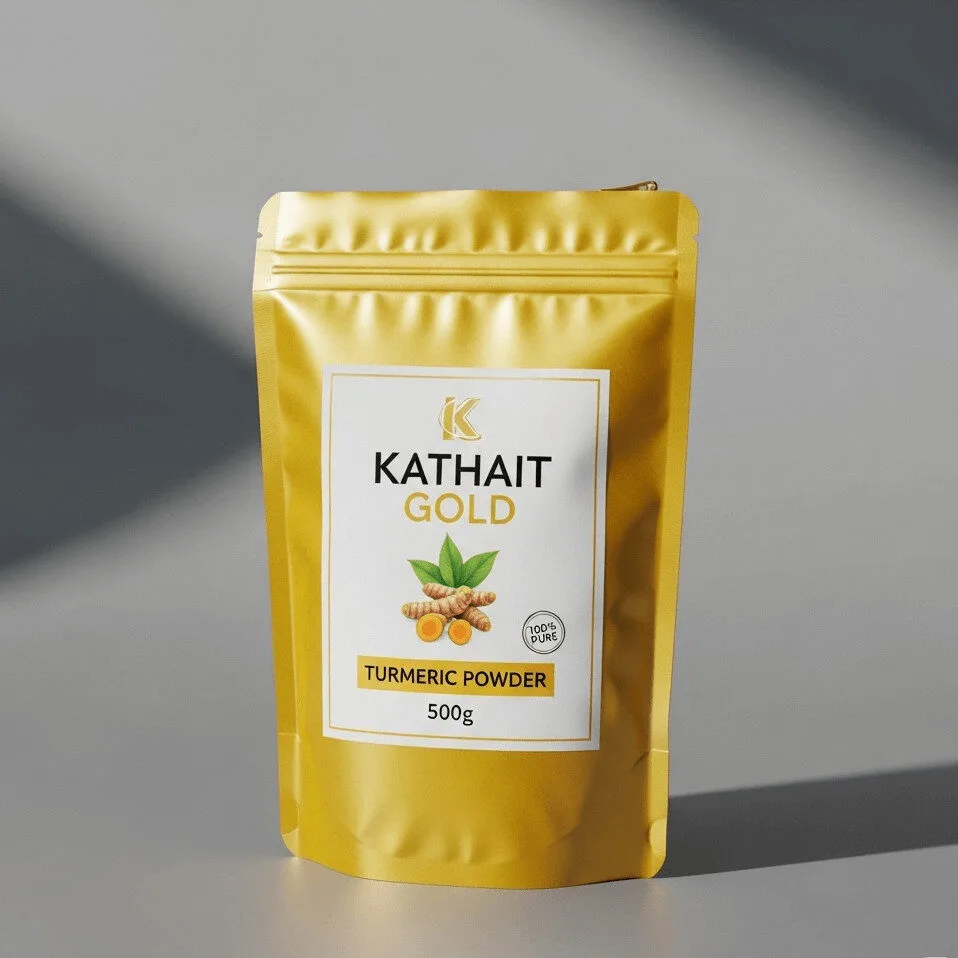 A 500g stand-up gold pouch of Kathait Gold Turmeric Powder.