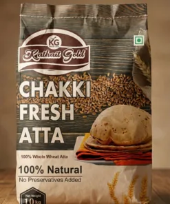 Upfront Store | Pure Flours, Spices & Cold-Pressed Oils Online 11 The Kathait Gold packaging standing upright with a small pile of golden wheat grains next to it.