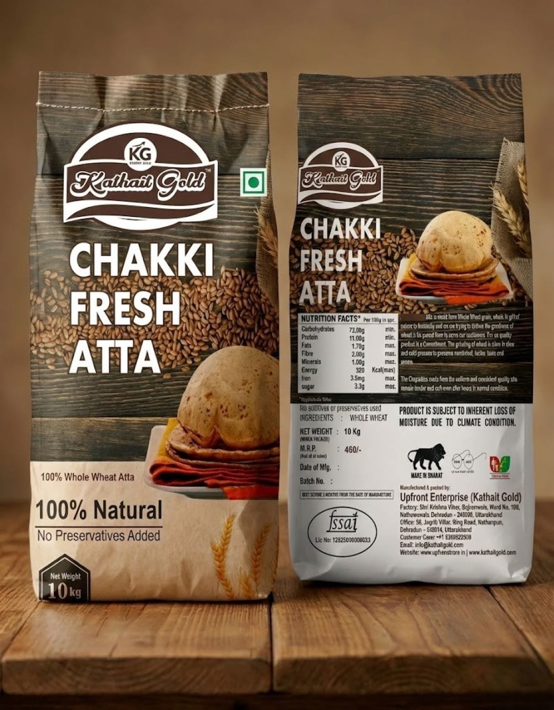 Kathait Gold Atta – 100% Pure Whole Wheat Flour for Soft, Fluffy Rotis 2 kathait gold atta pack front and back side